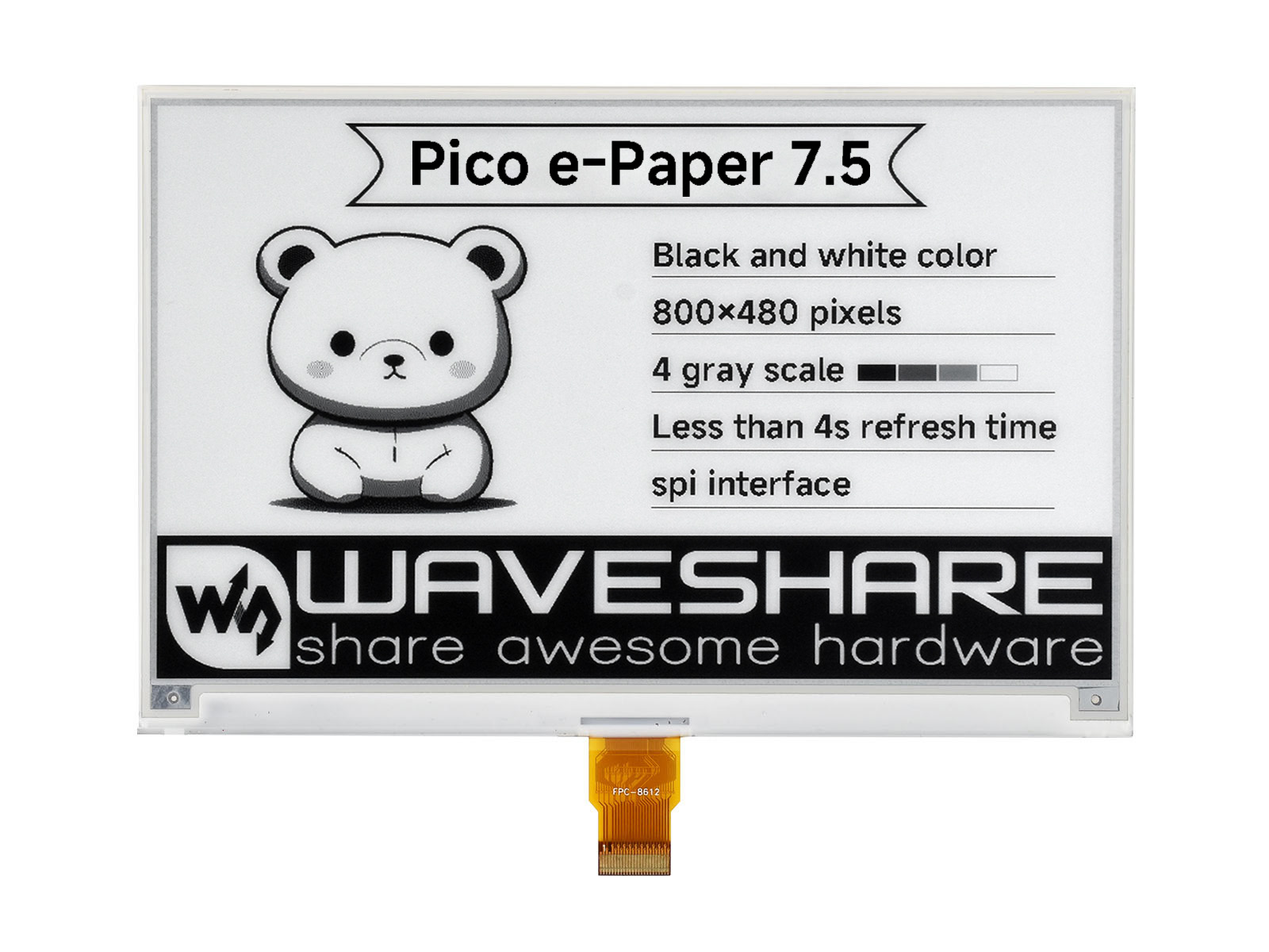 7,5-Zoll E-Paper E-Ink Displaymodul für Raspberry Pi Pico, 800×480, Schwarz/Weiß, SPI