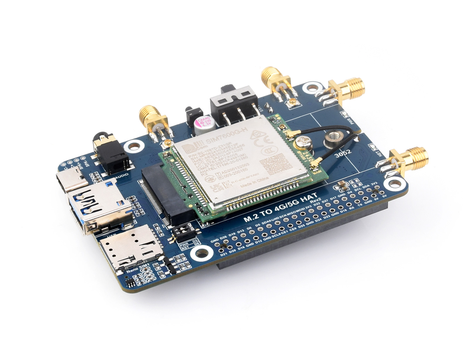 SIM7600G-H M.2 4G HAT für Raspberry Pi, LTE CAT4 Hochgeschwindigkeit, 4G/3G/2G, GNSS, Globalband