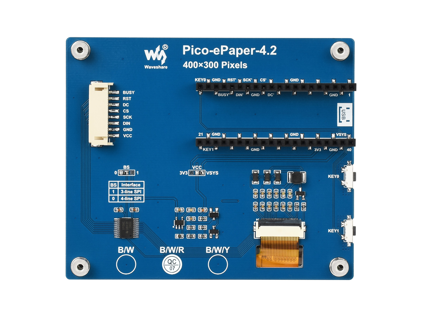 4,2-Zoll E-Paper E-Ink Displaymodul (B) für Raspberry Pi Pico, 400×300, Rot/Schwarz/Weiß, SPI