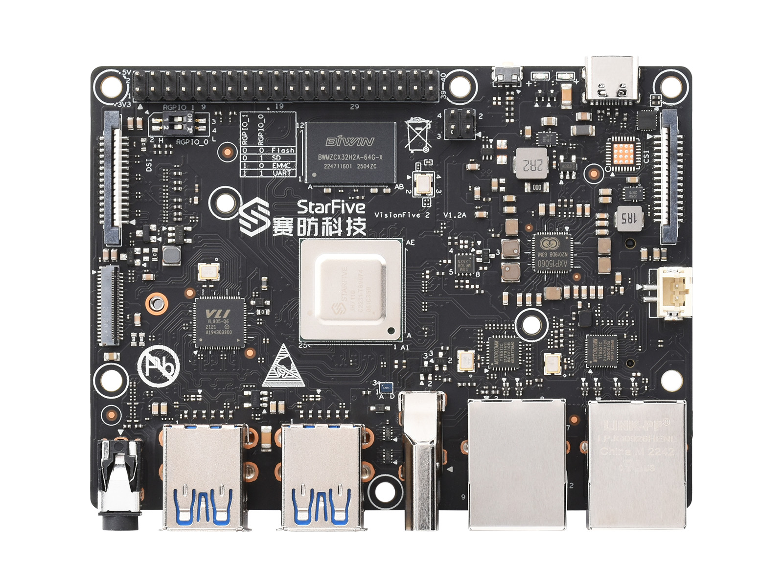 VisionFive2 RISC-V Einplatinencomputer, StarFive JH7110 Prozessor mit integrierter 3D-GPU, basierend auf Linux