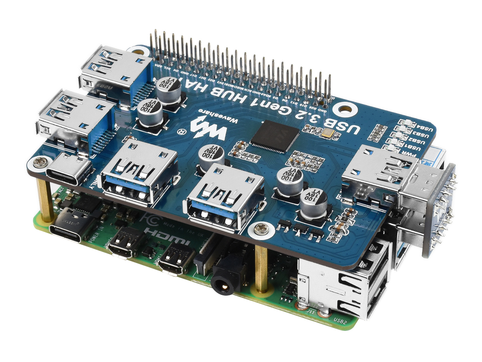 USB 3.2 Gen1 HUB HAT für Raspberry Pi, 4x USB 3.2 Gen1 Anschlüsse, treiberfrei