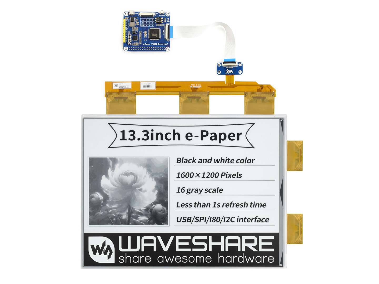 13,3-Zoll-e-Paper-e-Ink-Display-HAT-für-Raspberry-Pi, 1600×1200, Schwarz/Weiß, 16 Graustufen, USB/SPI/I80