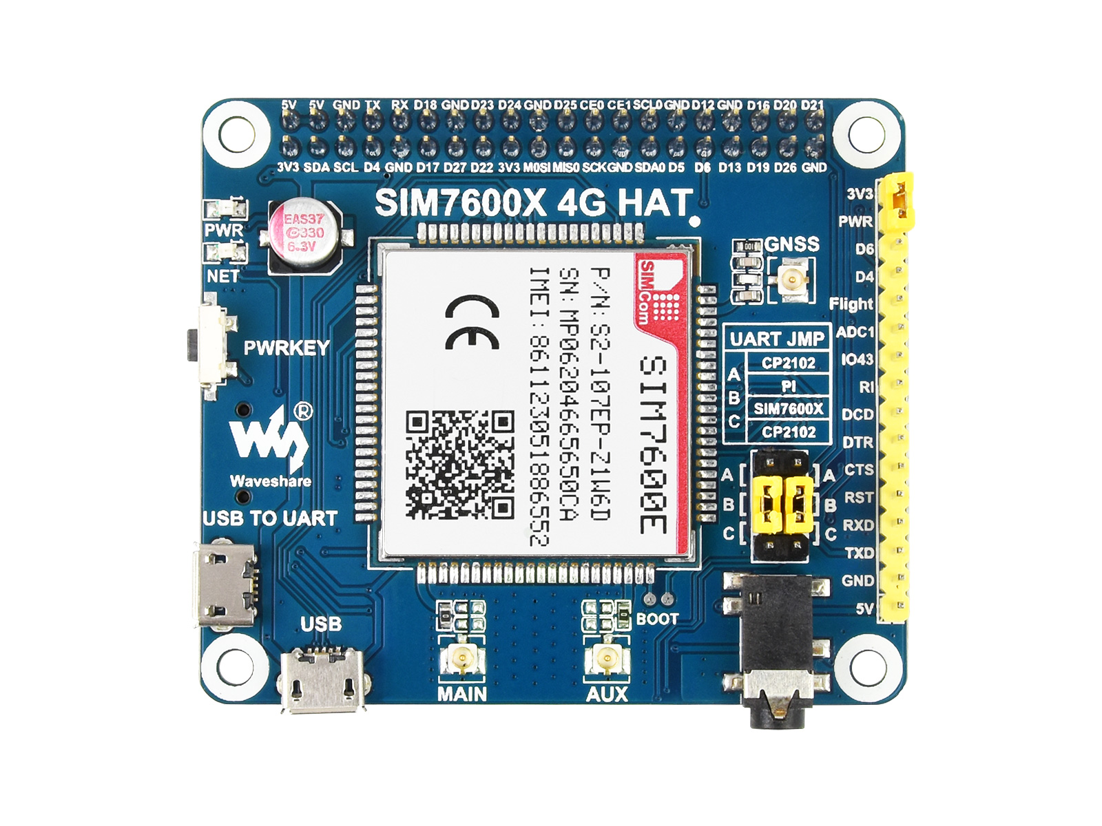 SIM7600E LTE Cat-1 HAT für Raspberry Pi, auch mit 3G / 2G / GNSS, für Südostasien, Westasien, Europa, Afrika