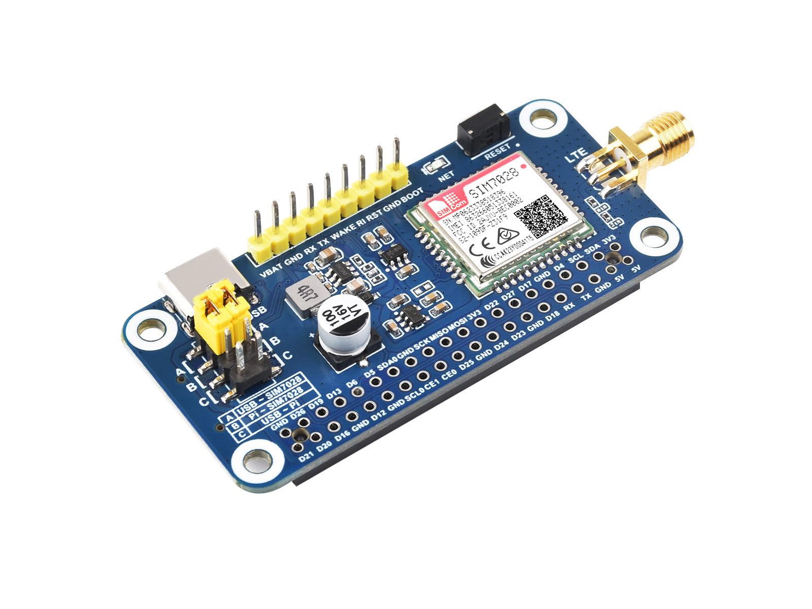 SIM7028 NB-IoT HAT für Raspberry Pi, unterstützt globale NB-IoT-Kommunikationsbänder, kompakte Bauform und geringer Stromverbrauch